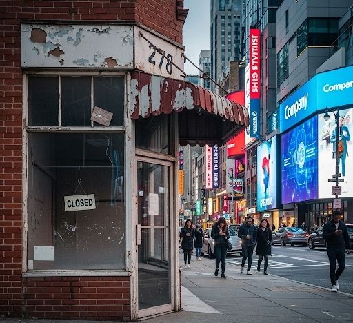 Closed small business storefront in city center, highlighting the importance of having a professional small business website to increase online visibility and avoid closure.